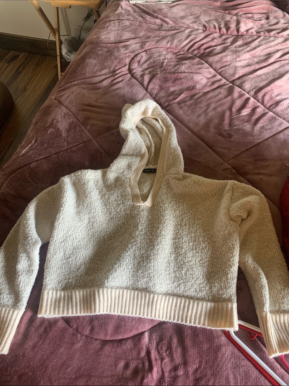 SHEIN Cream Textured Hooded Pullover Sweater